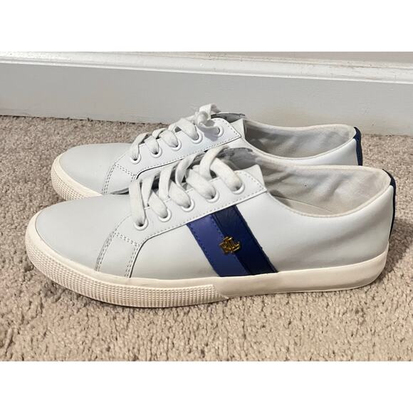 Lauren Ralph Lauren Janson II Leather Comfort Sneakers White/Blue Stripes 8.5 - Picture 4 of 10